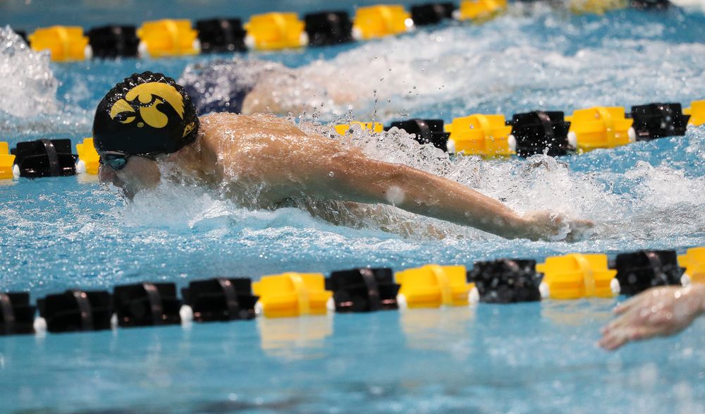 Iowa's Michael Tenney competes in the 400-yard individual medley during a meet against Michigan and Denver at the Campus Recreation and Wellness Center on November 3, 2018. (Tork Mason/hawkeyesports.com)
