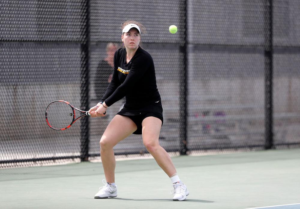 Iowa's Anastasia Reimchen against the Wisconsin Badgers Sunday, April 22, 2018 at the Hawkeye Tennis and Recreation Center. (Brian Ray/hawkeyesports.com)