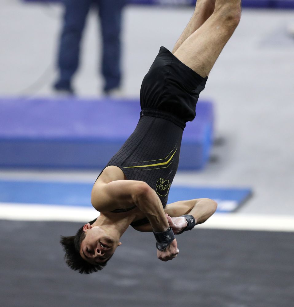 Iowa's Andrew Herrador competes on the floor against Oklahoma Saturday, February 9, 2019 at Carver-Hawkeye Arena. (Brian Ray/hawkeyesports.com)