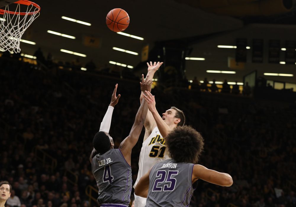Iowa Hawkeyes forward Nicholas Baer (51) against the Northwestern Wildcats Sunday, February 10, 2019 at Carver-Hawkeye Arena. (Brian Ray/hawkeyesports.com)