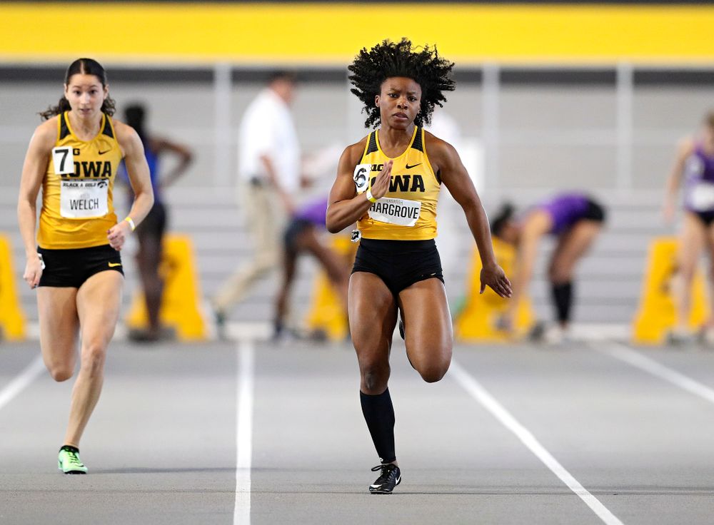 Iowa’s Lasarah Hargrove runs the women’s 60 meter dash event at the Black and Gold Invite at the Recreation Building in Iowa City on Saturday, February 1, 2020. (Stephen Mally/hawkeyesports.com)