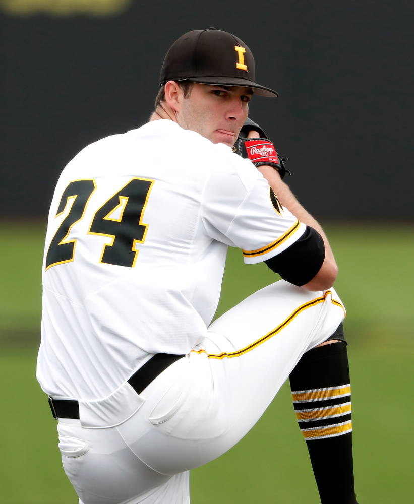 Iowa Hawkeyes pitcher Nick Allgeyer (24) during a double header against the Indiana Hoosiers Friday, March 23, 2018 at Duane Banks Field. (Brian Ray/hawkeyesports.com)