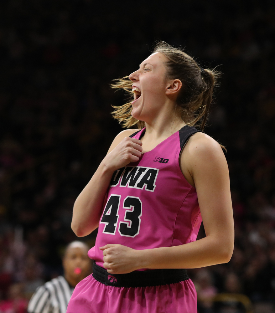 Iowa Hawkeyes forward Amanda Ollinger (43) against the seventh ranked Maryland Terrapins Sunday, February 17, 2019 at Carver-Hawkeye Arena. (Brian Ray/hawkeyesports.com)