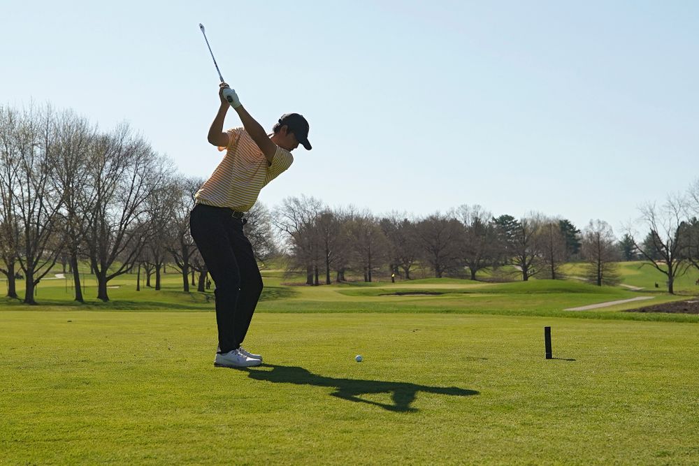 Iowa's Joe Kim tees off during the third round of the Hawkeye Invitational at Finkbine Golf Course in Iowa City on Sunday, Apr. 21, 2019. (Stephen Mally/hawkeyesports.com)
