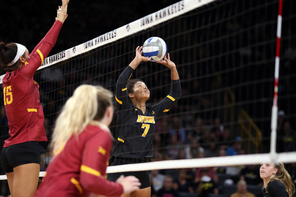 Iowa Hawkeyes setter Brie Orr (7) against the Iowa State Cyclones Saturday, September 21, 2019 at Carver-Hawkeye Arena. (Brian Ray/hawkeyesports.com)