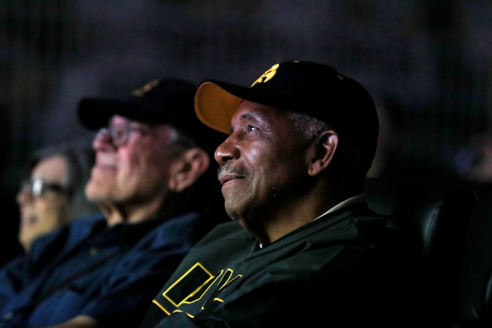 1958 National Championship Team running back Willie Fleming watches highlights from the 1958 season at the Hansen Football Performance Center Friday, September 21, 2018. (Brian Ray/hawkeyesports.com)