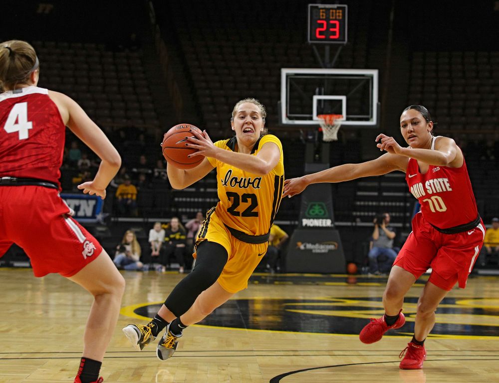 Iowa Hawkeyes guard Kathleen Doyle (22) drives with the ball during the first quarter of their game at Carver-Hawkeye Arena in Iowa City on Thursday, January 23, 2020. (Stephen Mally/hawkeyesports.com)