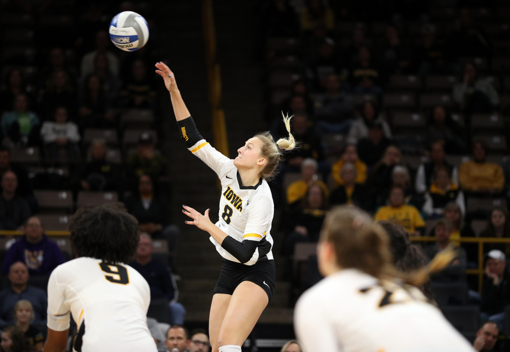 Iowa Hawkeyes outside hitter Kyndra Hansen (8) against Penn State Friday, November 1, 2019 at Carver Hawkeye Arena. (Brian Ray/hawkeyesports.com)