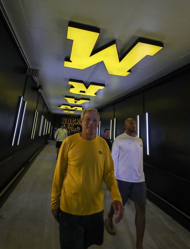 The Hawkeye Football Team sees the updates to their entrance tunnel at Kinnick Stadium for the first time Thursday, August 22, 2019 in Iowa City. (Brian Ray/hawkeyesports.com)