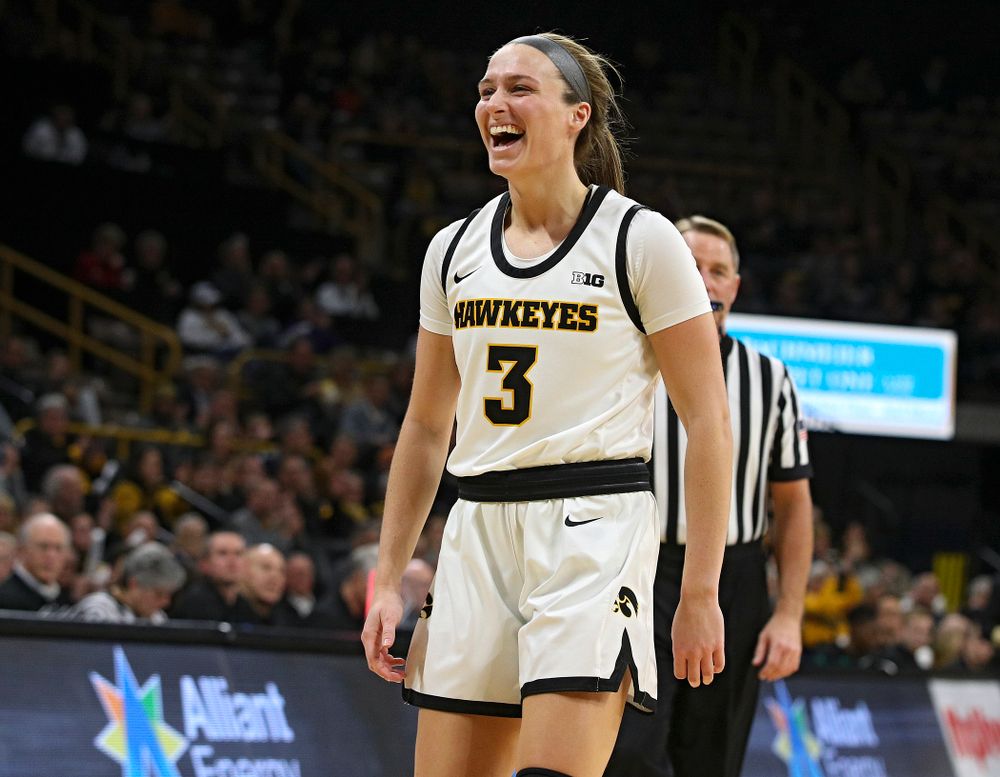 Iowa Hawkeyes guard Makenzie Meyer (3) smiles during the second quarter of the game at Carver-Hawkeye Arena in Iowa City on Thursday, February 6, 2020. (Stephen Mally/hawkeyesports.com)