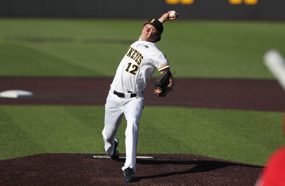Iowa Hawkeyes Drew Irvine (12) against the Nebraska Cornhuskers Saturday, April 20, 2019 at Duane Banks Field. (Brian Ray/hawkeyesports.com)