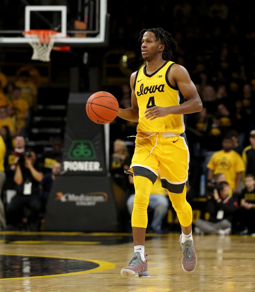 Iowa Hawkeyes guard Bakari Evelyn (4) against the Nebraska Cornhuskers Saturday, February 8, 2020 at Carver-Hawkeye Arena. (Brian Ray/hawkeyesports.com)