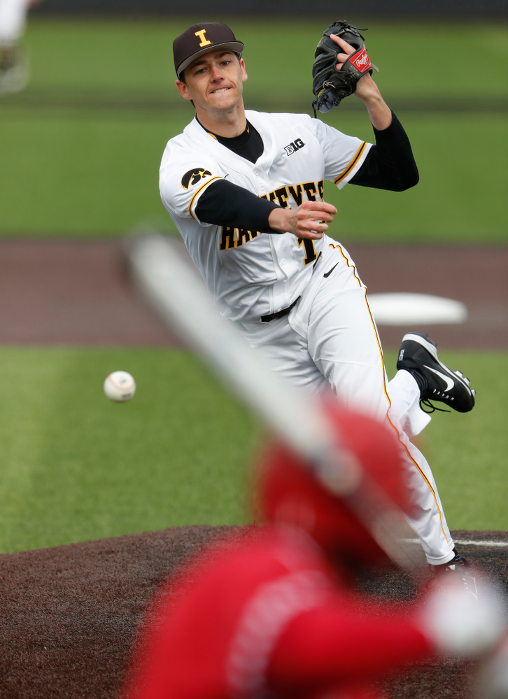 Iowa Hawkeyes pitcher Nick Nelsen (12) during a double header against the Indiana Hoosiers Friday, March 23, 2018 at Duane Banks Field. (Brian Ray/hawkeyesports.com)