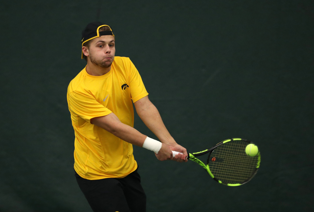 Will Davies against the Butler Bulldogs Sunday, January 27, 2019 at the Hawkeye Tennis and Recreation Complex. (Brian Ray/hawkeyesports.com)