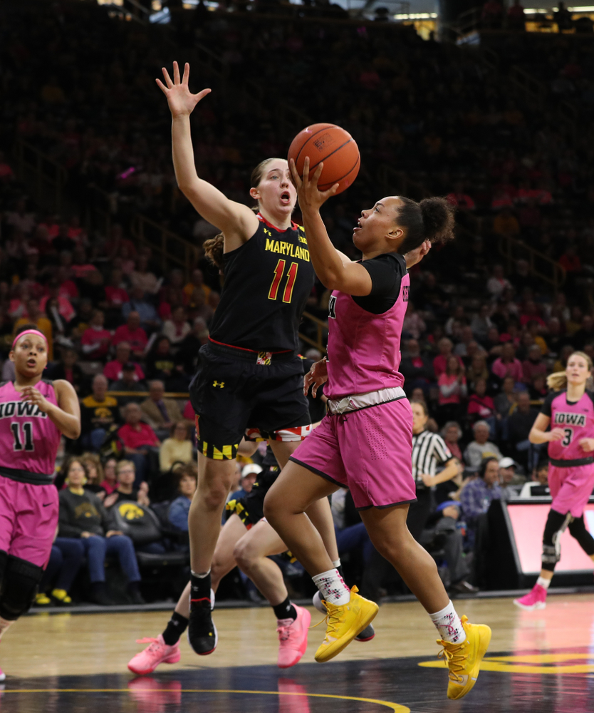 Iowa Hawkeyes guard Alexis Sevillian (5) against the seventh ranked Maryland Terrapins Sunday, February 17, 2019 at Carver-Hawkeye Arena. (Brian Ray/hawkeyesports.com)