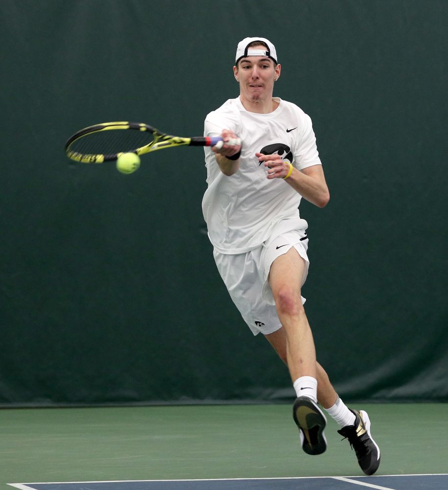 Iowa’s Karem Allaf and Nikita Snezhko play a doubles match against Cornell Sunday, March 8, 2020 at the Hawkeye Tennis and Recreation Center. (Brian Ray/hawkeyesports.com)