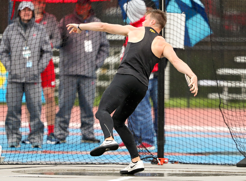Iowa's Peyton Haack throws in the men’s discus in the decathlon event on the second day of the Big Ten Outdoor Track and Field Championships at Francis X. Cretzmeyer Track in Iowa City on Saturday, May. 11, 2019. (Stephen Mally/hawkeyesports.com)