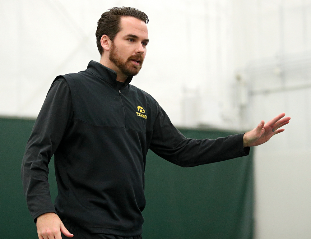 Iowa’s Mellecker Family head men’s tennis coach Ross Wilson talks during their match against Marquette at the Hawkeye Tennis and Recreation Complex in Iowa City on Saturday, January 25, 2020. (Stephen Mally/hawkeyesports.com)