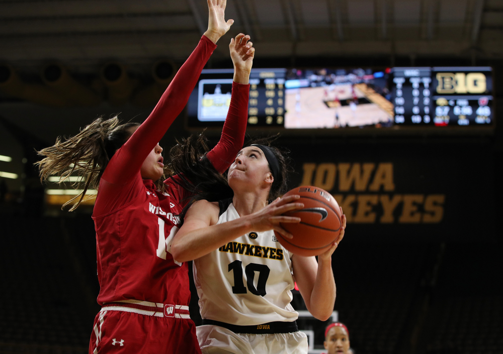 Iowa Hawkeyes forward Megan Gustafson (10) against the Wisconsin Badgers Monday, January 7, 2019 at Carver-Hawkeye Arena. (Brian Ray/hawkeyesports.com)