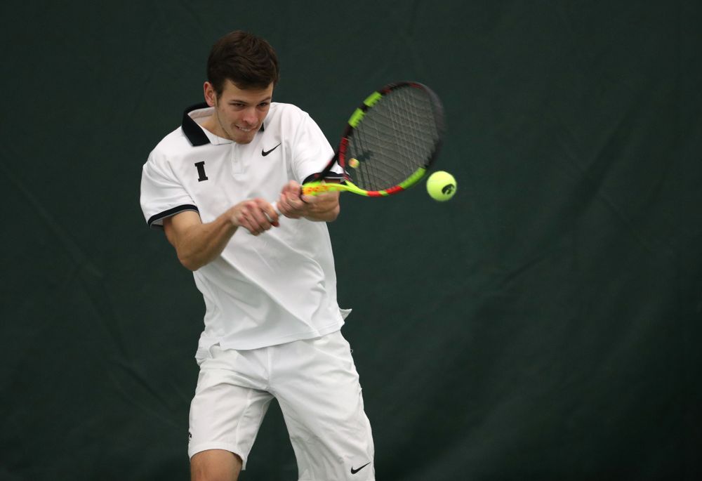 Iowa's Piotr Smietana against North Dakota Friday, January 25, 2019 at the Hawkeye Tennis and Recreation Complex. (Brian Ray/hawkeyesports.com)