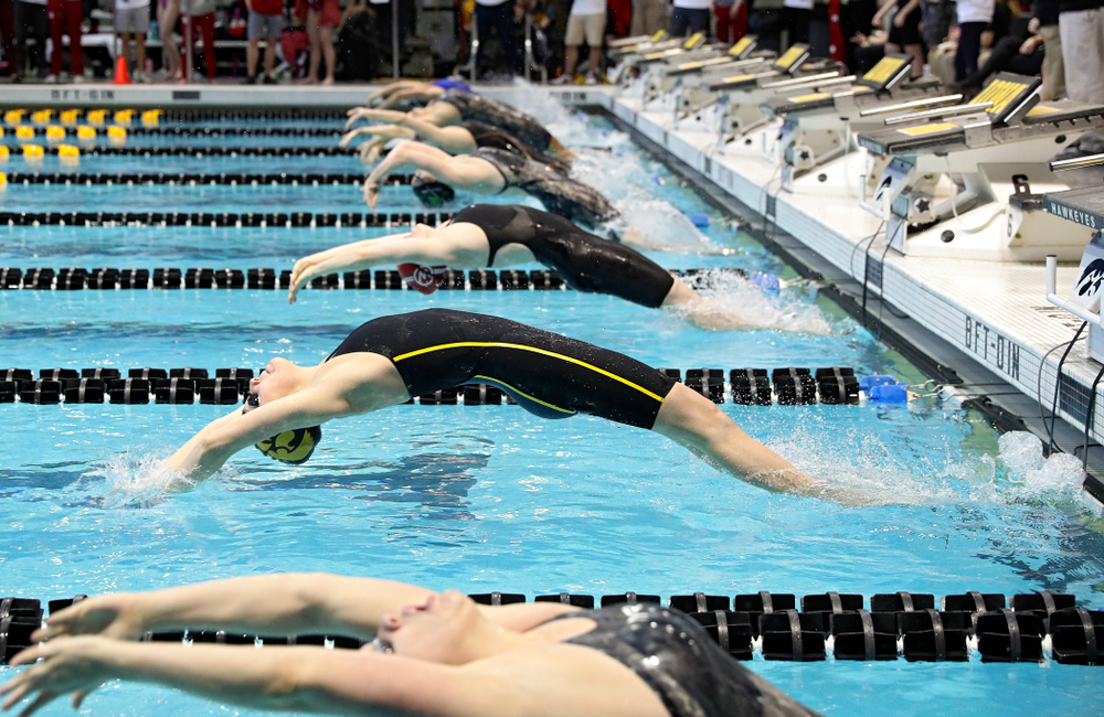 Iowa’s Samantha Sauer swims the women’s 100 yard backstroke preliminary event during the 2020 Women’s Big Ten Swimming and Diving Championships at the Campus Recreation and Wellness Center in Iowa City on Friday, February 21, 2020. (Stephen Mally/hawkeyesports.com)
