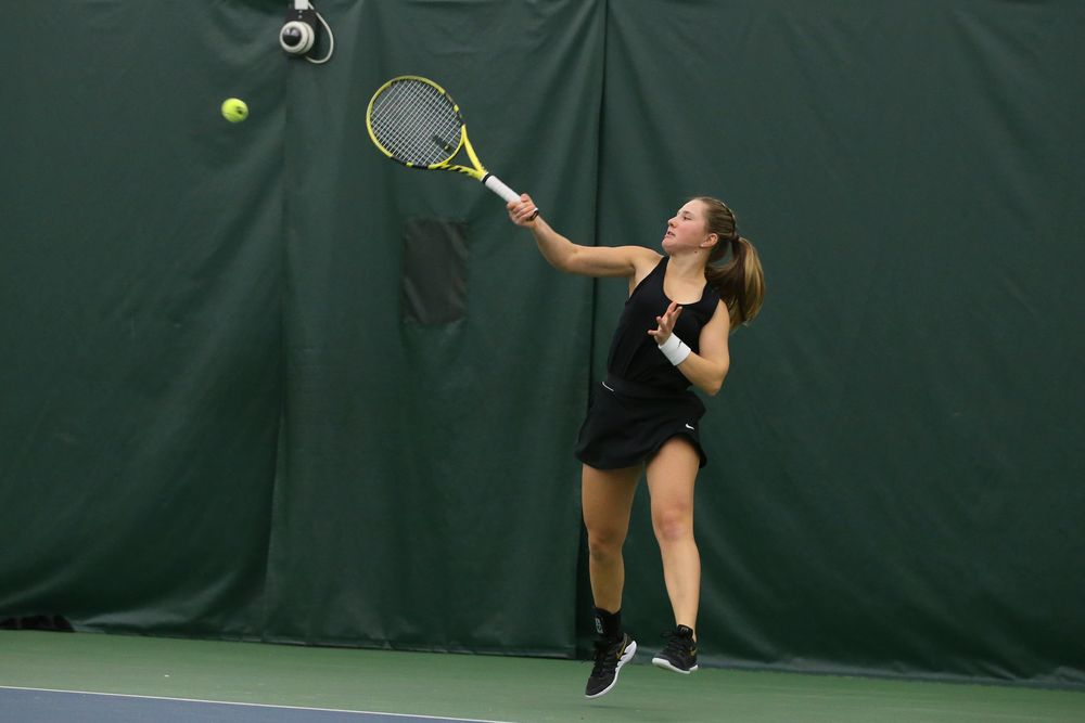 Iowa’s Danielle Burich returns a ball during the Iowa women’s tennis meet vs UNI on Saturday, February 29, 2020 at the Hawkeye Tennis and Recreation Complex. (Lily Smith/hawkeyesports.com)