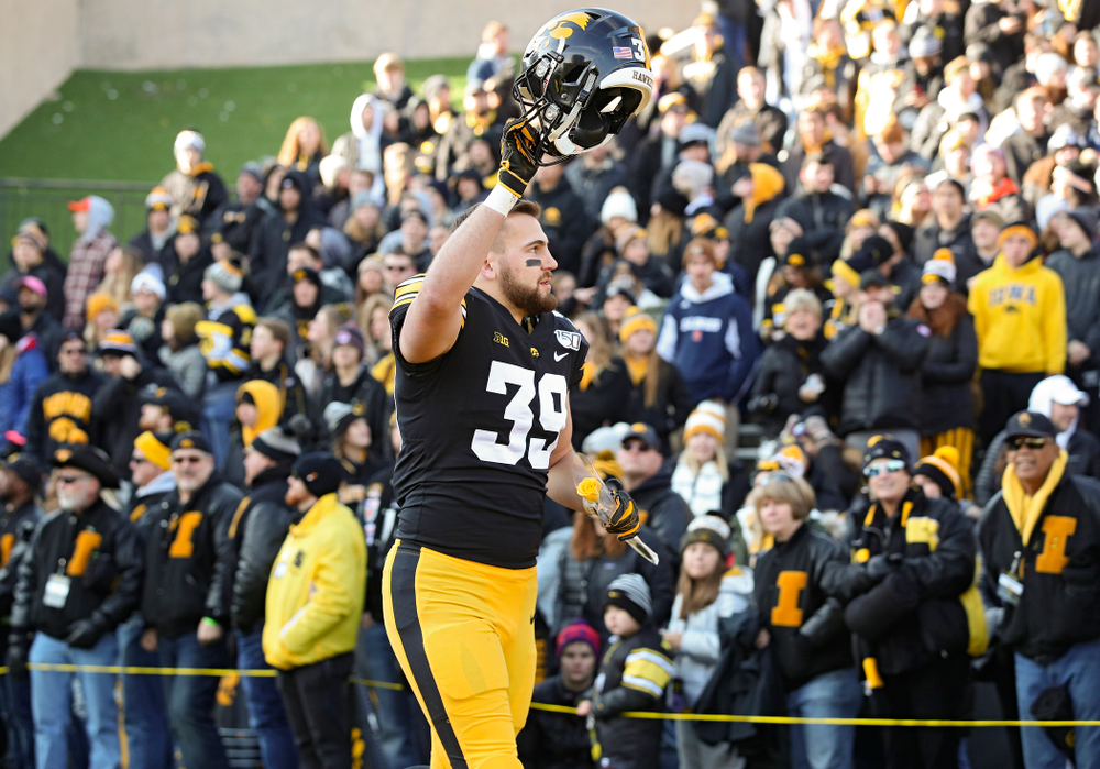 Iowa Hawkeyes tight end Nate Wieting (39) is acknowledged on senior day before their game at Kinnick Stadium in Iowa City on Saturday, Nov 23, 2019. (Stephen Mally/hawkeyesports.com)