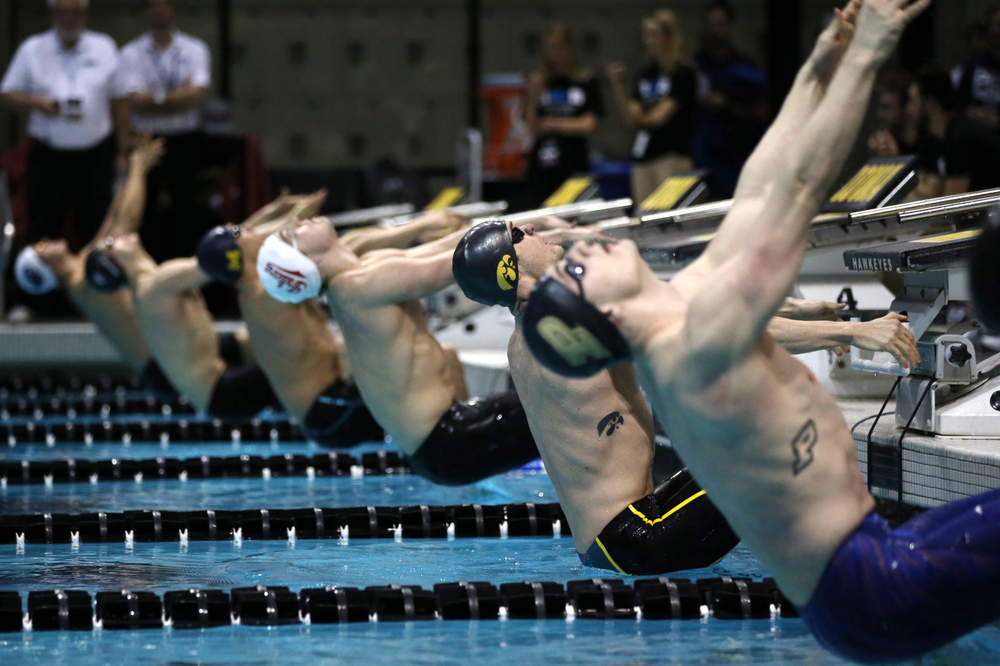 Iowa's Kenneth Mende at the 100-yard backstroke race Friday, March 1, 2019 at the Campus Recreation and Wellness Center. (Lily Smith/hawkeyesports.com)