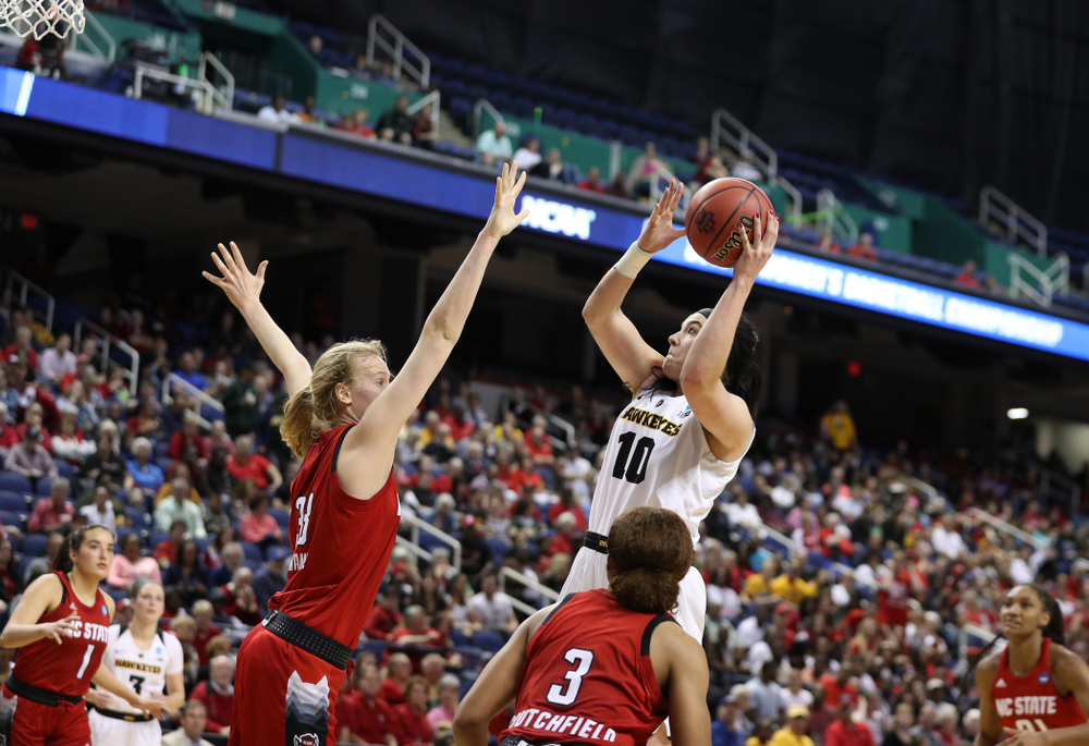 Iowa Hawkeyes forward Megan Gustafson (10) against the NC State Wolfpack in the regional semi-final of the 2019 NCAA Women's College Basketball Tournament Saturday, March 30, 2019 at Greensboro Coliseum in Greensboro, NC.(Brian Ray/hawkeyesports.com)