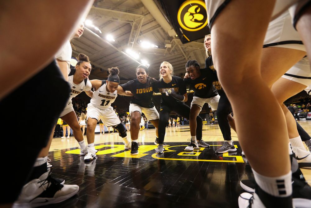The Iowa Hawkeyes women's basketball team huddles up before a game against North Carolina Central at Carver-Hawkeye Arena on November 17, 2018. (Tork Mason/hawkeyesports.com)