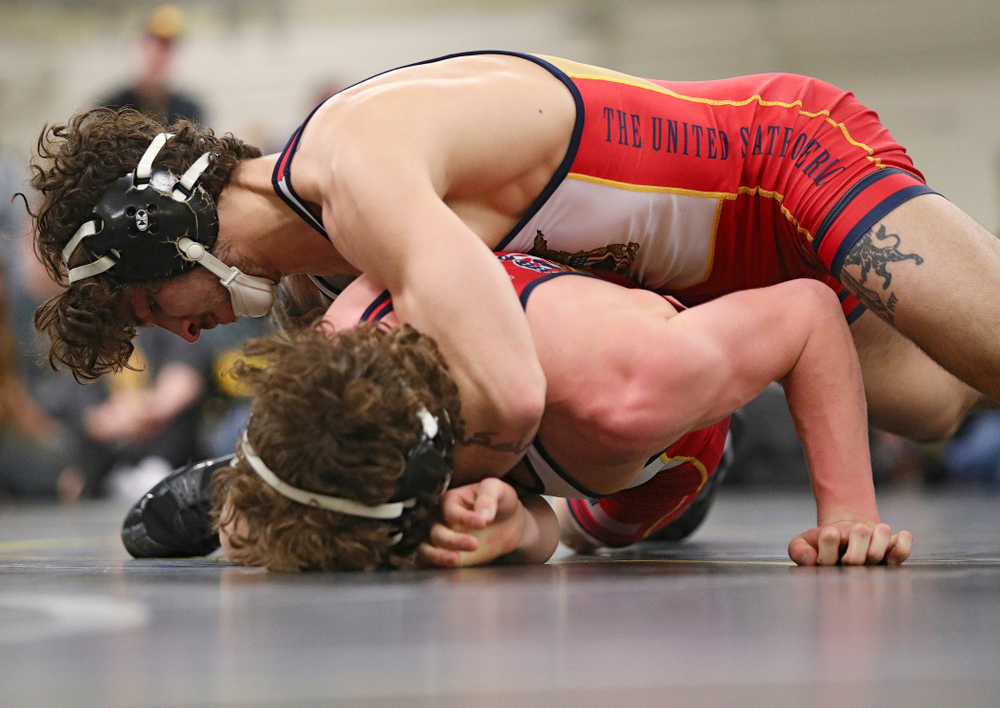 Iowa’s Vince Turk (top) works on top of Cobe Siebrecht during their preseason match at the Dan Gable Wrestling Complex at Carver-Hawkeye Arena in Iowa City on Thursday, Nov 7, 2019. (Stephen Mally/hawkeyesports.com)