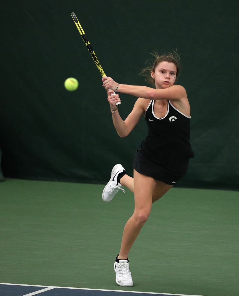 Iowa's Cloe Ruette against the Penn State Nittany Lions Sunday, February 24, 2019 at the Hawkeye Tennis and Recreation Complex. (Brian Ray/hawkeyesports.com)