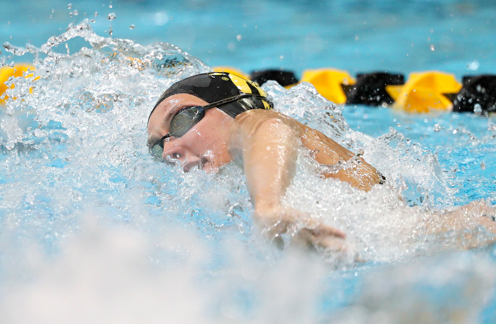 Iowa’s Macy Rink swims her section of the women’s 200-yard freestyle relay event during their meet against Michigan State at the Campus Recreation and Wellness Center in Iowa City on Thursday, Oct 3, 2019. (Stephen Mally/hawkeyesports.com)