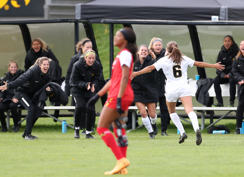 Iowa Hawkeyes midfielder Isabella Blackman (6) celebrates after scoring against the Maryland Terrapins Sunday, October 13, 2019 on senior day. (Brian Ray/hawkeyesports.com)