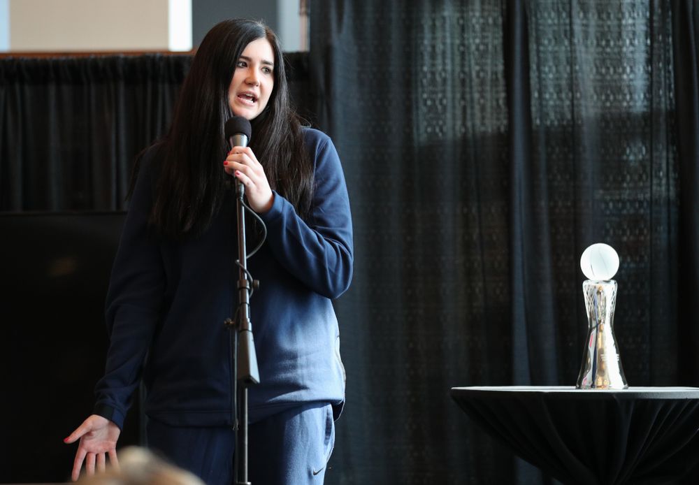 Iowa Hawkeyes forward Megan Gustafson (10) receives the Associated Press Player of the Year award during a news conference Wednesday, April 4, 2018 at Amalie Arena in Tampa, FL. (Brian Ray/hawkeyesports.com)