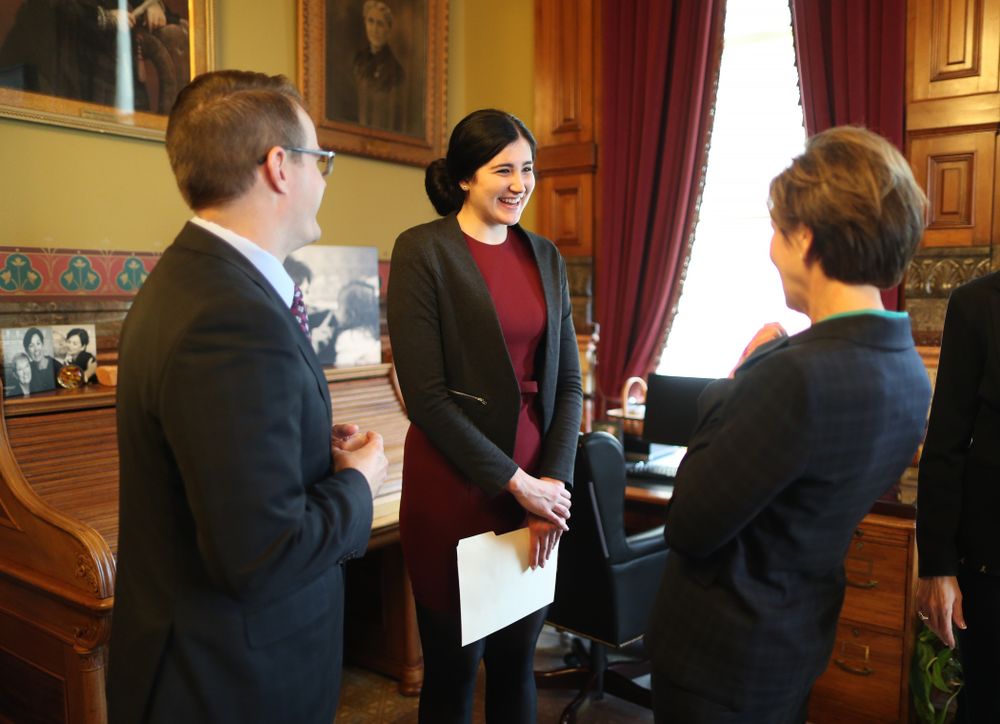 Iowa’s Megan Gustafson meets with Governor Kim Reynolds and Lt. Governor Adam Gregg at the Iowa State Capitol Wednesday, April 24, 2019 in Des Moines. (Brian Ray/hawkeyesports.com)