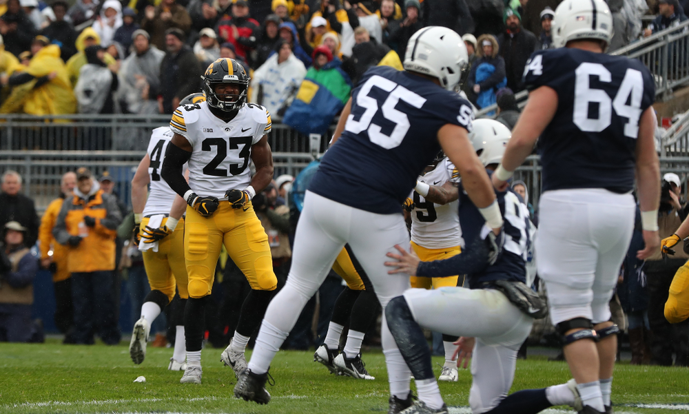 Iowa Hawkeyes wide receiver Dominique Dafney (23) blocks a punt against the Penn State Nittany Lions Saturday, October 27, 2018 at Beaver Stadium in University Park, Pa. (Brian Ray/hawkeyesports.com)