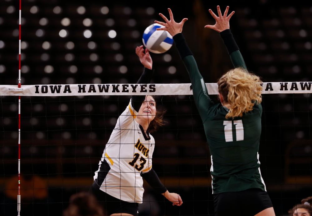 Iowa Hawkeyes middle blocker Sarah Wing (13) against the Michigan State Spartans Friday, September 21, 2018 at Carver-Hawkeye Arena. (Brian Ray/hawkeyesports.com)