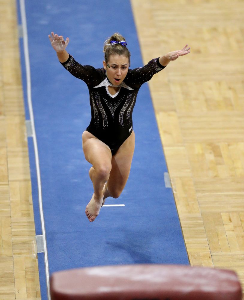 Iowa’s Alex Greenwald competes on the vault against Michigan State Saturday, February 1, 2020 at Carver-Hawkeye Arena. (Brian Ray/hawkeyesports.com)