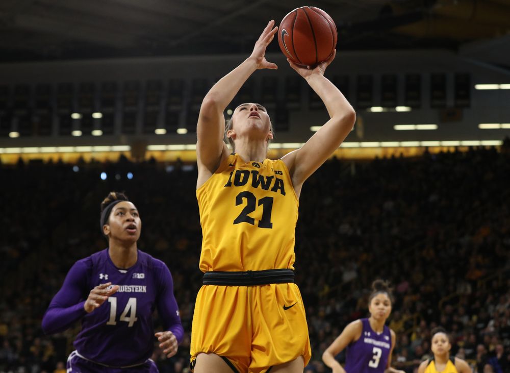 Iowa Hawkeyes forward Hannah Stewart (21) against the Northwestern Wildcats Sunday, March 3, 2019 at Carver-Hawkeye Arena. (Brian Ray/hawkeyesports.com)