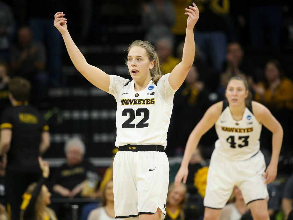 Iowa Hawkeyes guard Kathleen Doyle (22) pumps up the crowd during the second quarter of their second round game in the 2019 NCAA Women's Basketball Tournament at Carver Hawkeye Arena in Iowa City on Sunday, Mar. 24, 2019. (Stephen Mally for hawkeyesports.com)