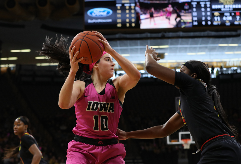 Iowa Hawkeyes forward Megan Gustafson (10) against the seventh ranked Maryland Terrapins Sunday, February 17, 2019 at Carver-Hawkeye Arena. (Brian Ray/hawkeyesports.com)