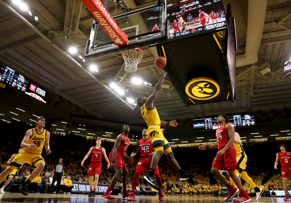 Iowa Hawkeyes guard Joe Toussaint (1) against the Rutgers Scarlet Knights Wednesday, January 22, 2020 at Carver-Hawkeye Arena. (Brian Ray/hawkeyesports.com)