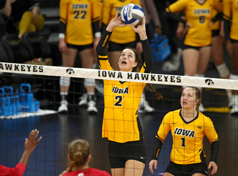 Iowa’s Courtney Buzzerio (2) eyes the ball during their match at Carver-Hawkeye Arena in Iowa City on Sunday, Oct 20, 2019. (Stephen Mally/hawkeyesports.com)