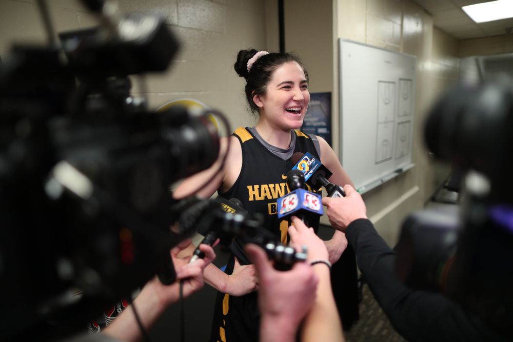 Iowa Hawkeyes forward Megan Gustafson (10) during practice and media before the regional final of the 2019 NCAA Women's College Basketball Tournament against the Baylor Bears Sunday, March 31, 2019 at Greensboro Coliseum in Greensboro, NC.(Brian Ray/hawkeyesports.com)
