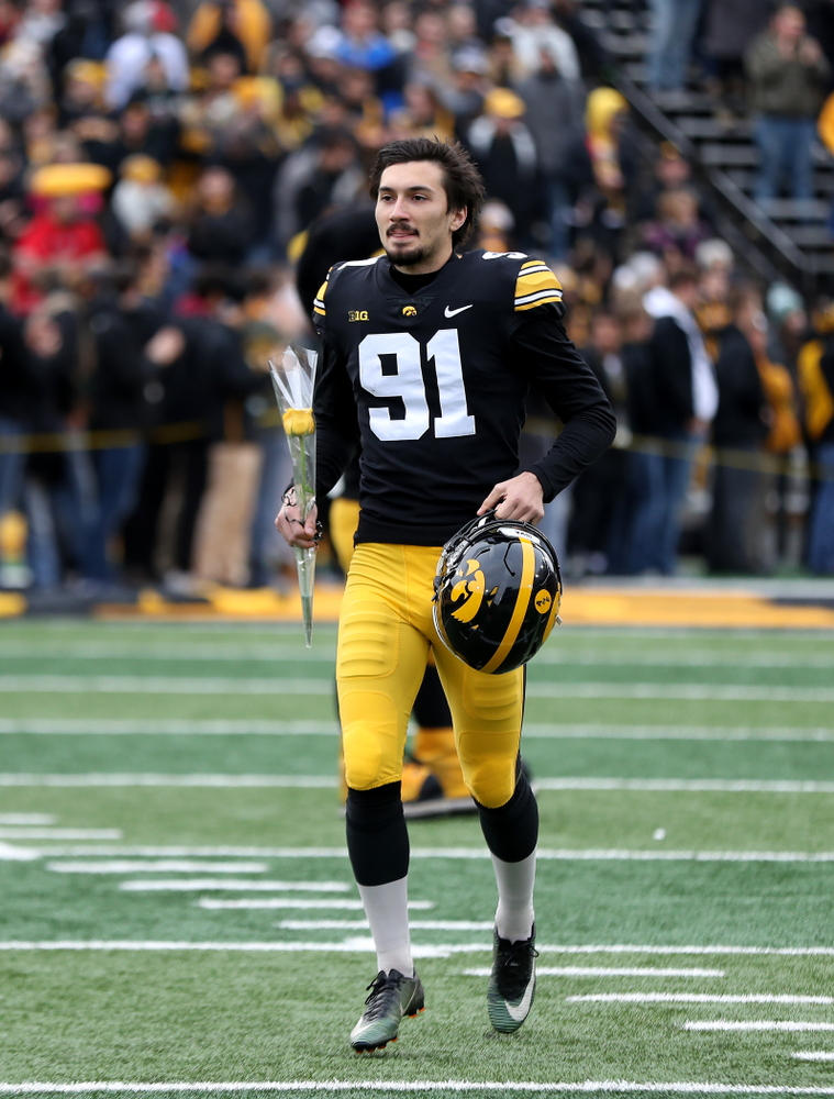 Iowa Hawkeyes place kicker Miguel Recinos (91) during senior day activities before their game against the Nebraska Cornhuskers Friday, November 23, 2018 at Kinnick Stadium. (Brian Ray/hawkeyesports.com)