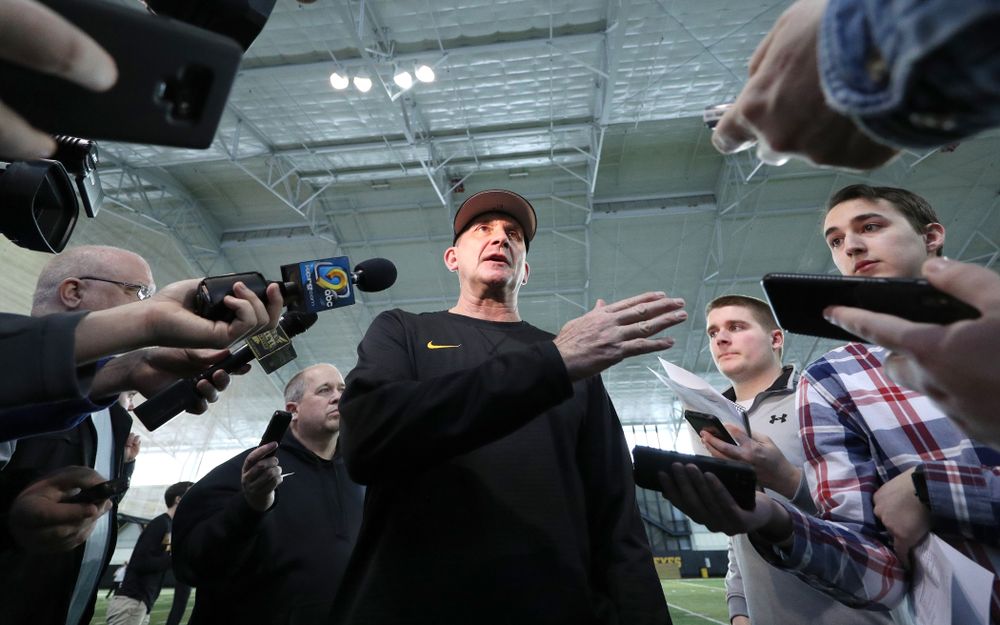 Iowa Hawkeyes head coach Rick Heller answers questions from reporters during their annual media day Thursday, February 6, 2020 at the Indoor Practice Facility. (Brian Ray/hawkeyesports.com)