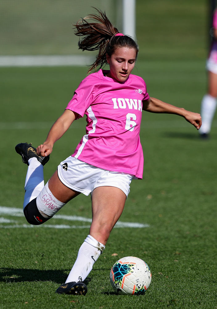 Iowa midfielder Isabella Blackman (6) lines up a shot during the first half of their match at the Iowa Soccer Complex in Iowa City on Sunday, Oct 27, 2019. (Stephen Mally/hawkeyesports.com)