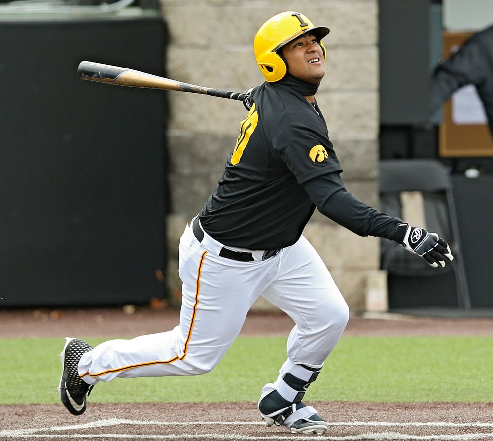 Iowa Hawkeyes first baseman Izaya Fullard (20) bats during the second inning of their game against Illinois at Duane Banks Field in Iowa City on Saturday, Mar. 30, 2019. (Stephen Mally/hawkeyesports.com)