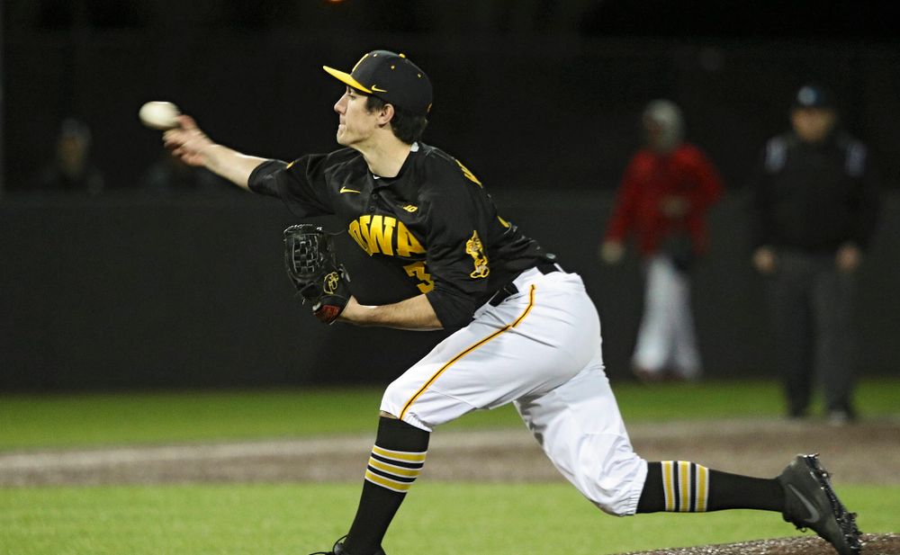 Iowa pitcher Jacob Henderson (37) delivers to the plate during the ninth inning of their game at Duane Banks Field in Iowa City on Tuesday, March 3, 2020. (Stephen Mally/hawkeyesports.com)